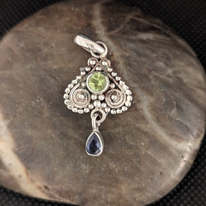 Gem Stone Sterling Silver Pendant Peridot With Dangle Drop Amethyst‎ 1 1/…